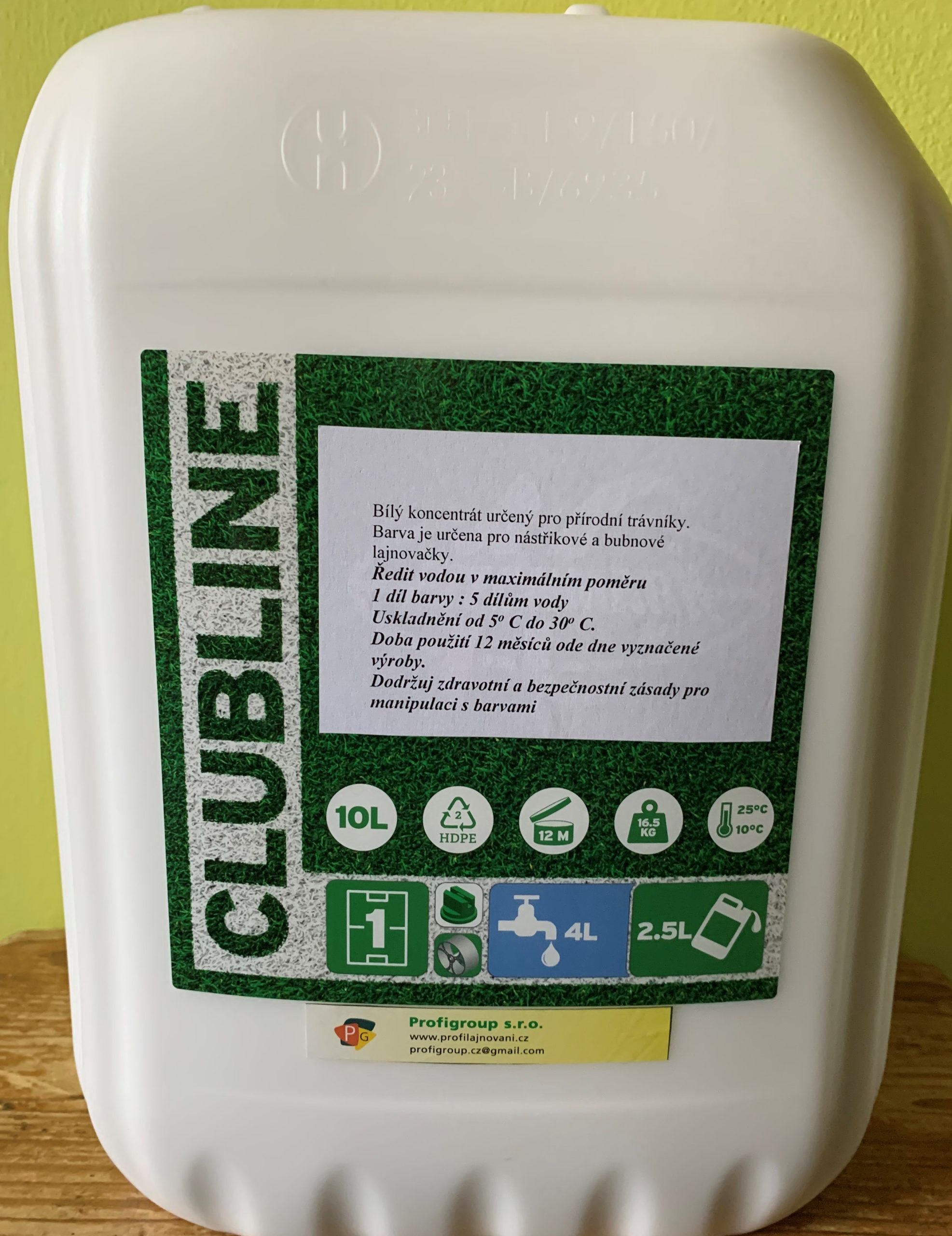 Lajnovací barva CLUBLINE,bílá barva v 10 l balení pro nástřikové a valivé lajnovačky